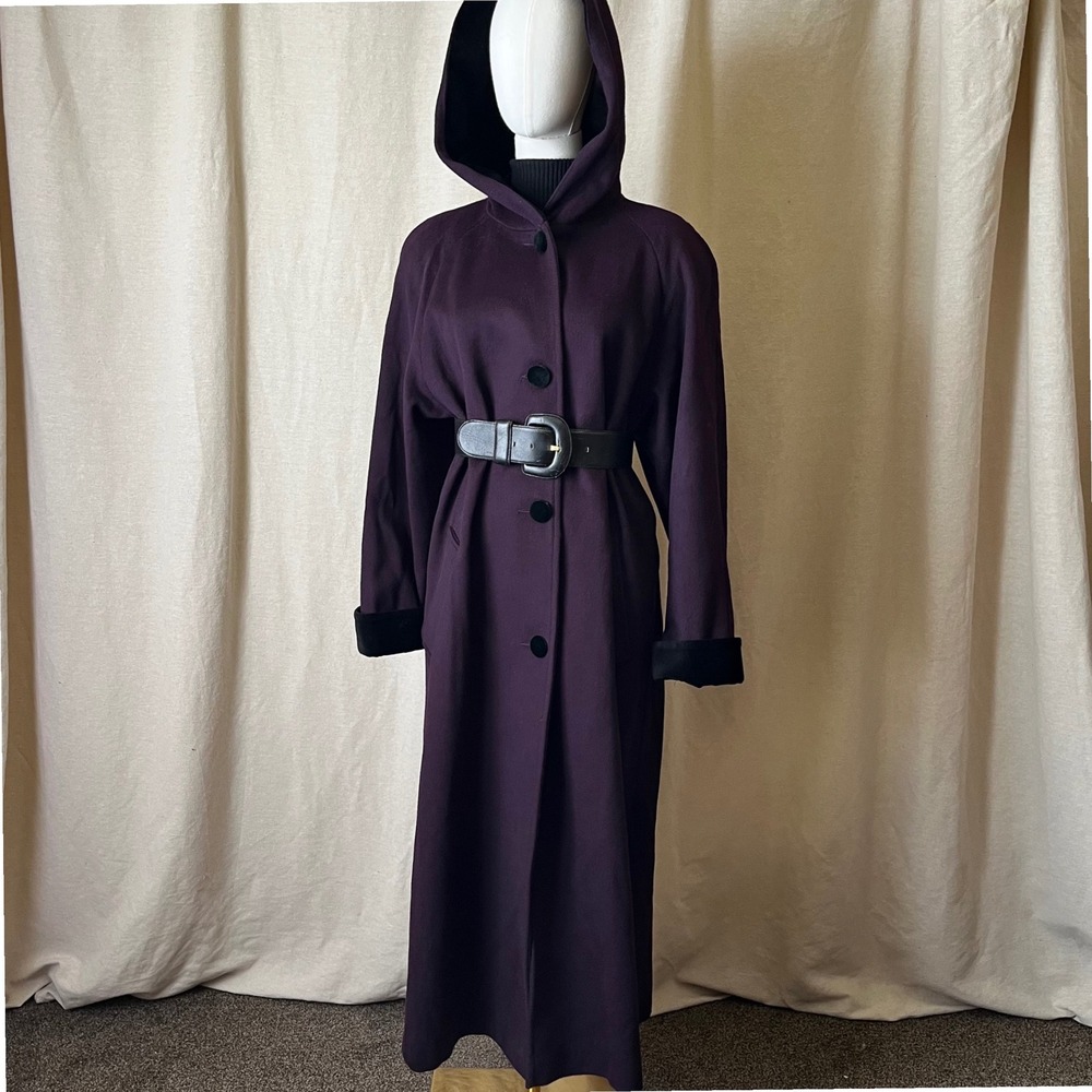 Vintage MDP Mario De Pinto Plum Purple Hooded Pure Wool Long‎ Coat M 8/10